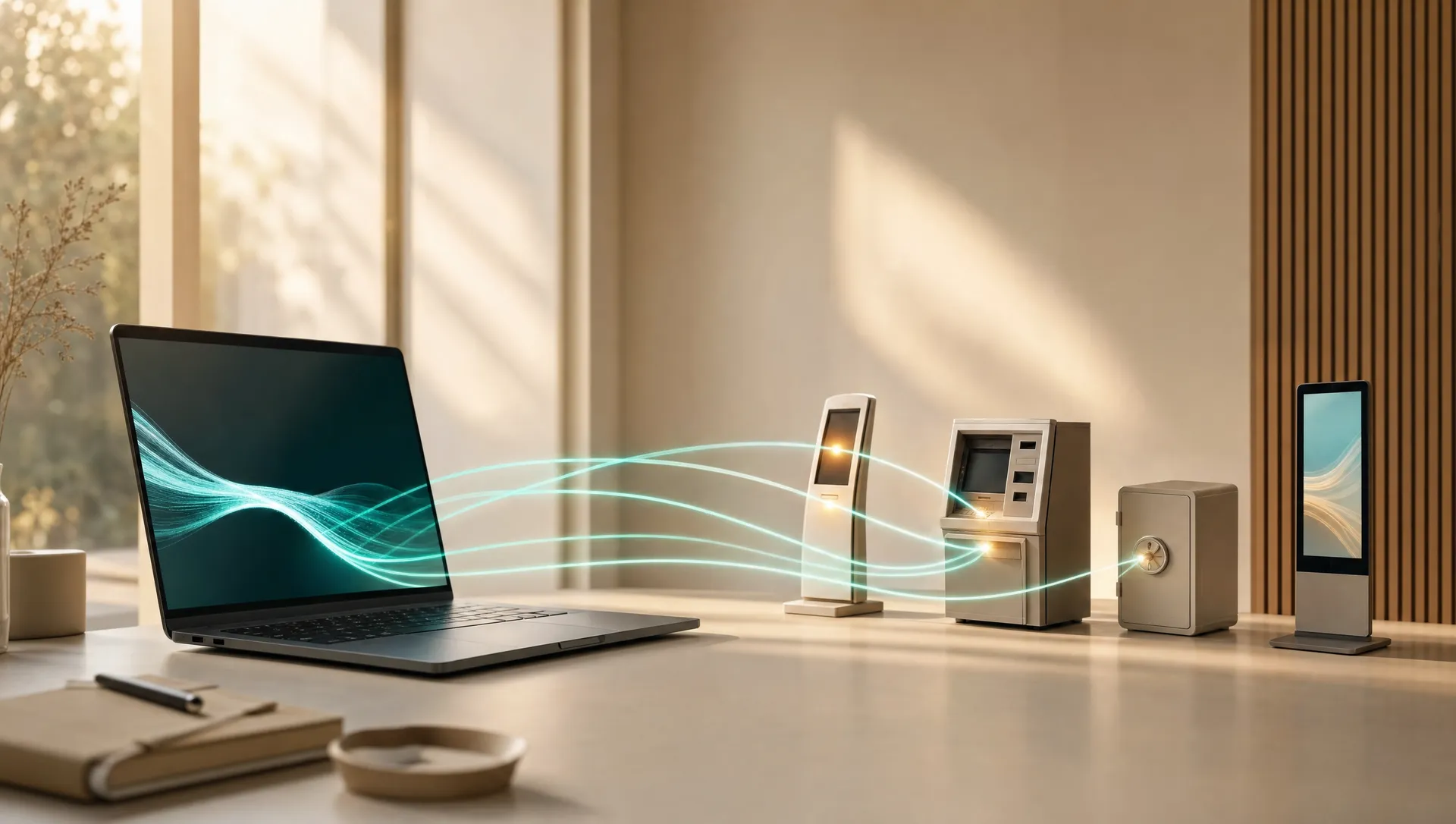 A laptop on a sunlit desk with light threads reaching out to miniature field devices