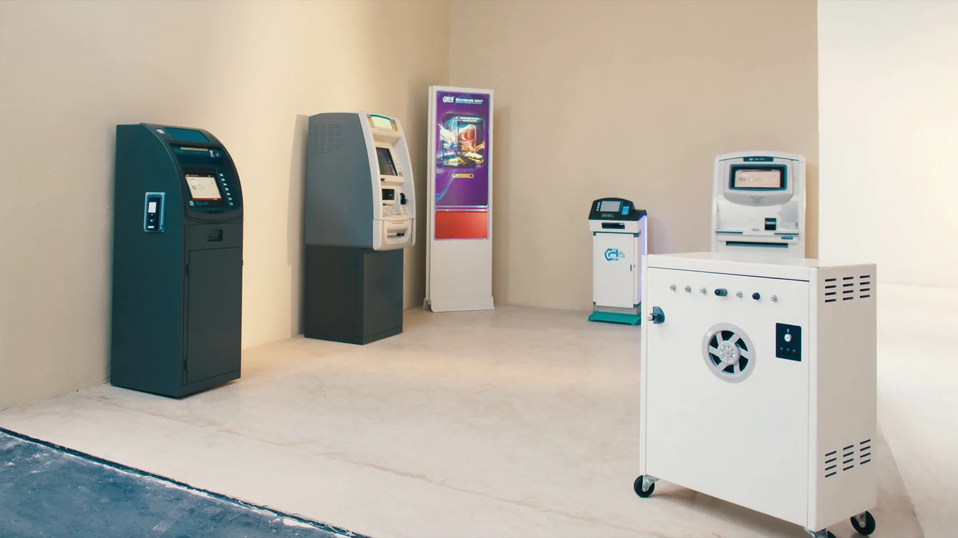A fleet of self-service machines — kiosk, ATM, signage totem, payment terminal, controller cabinet